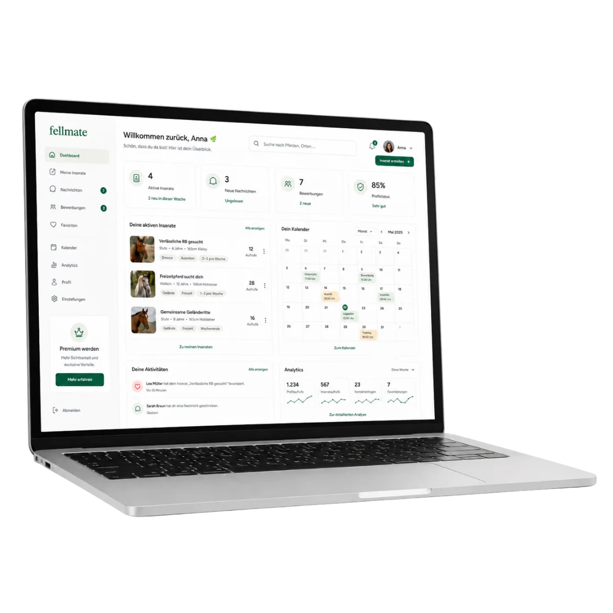 Besitzer-Dashboard auf einem Laptop mit aktiven Inseraten, Bewerbungen und Kalender
